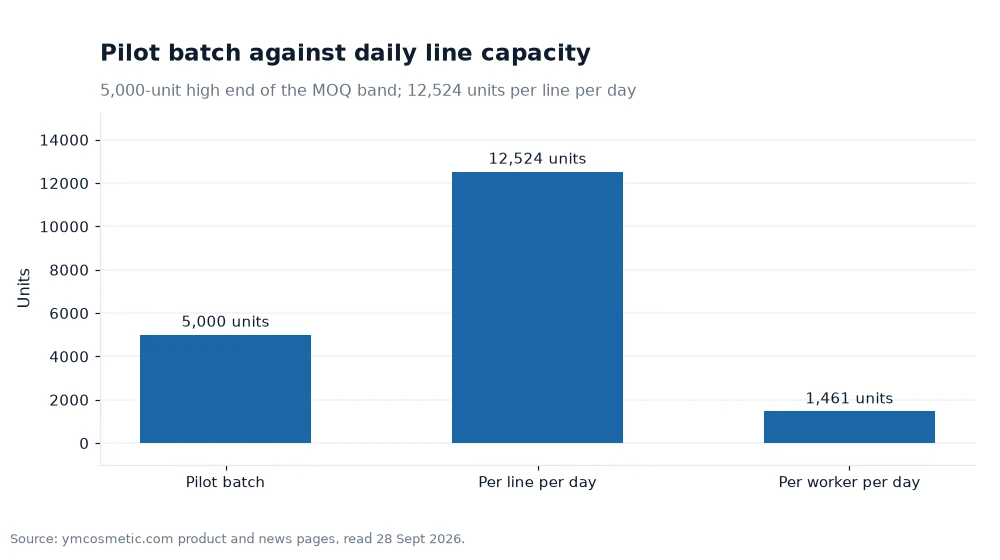 Bar chart of a pilot batch against daily line and per-worker capacity
